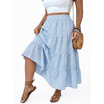 Plus Size Women Layer A Line Flowy Plaid Long Skirt