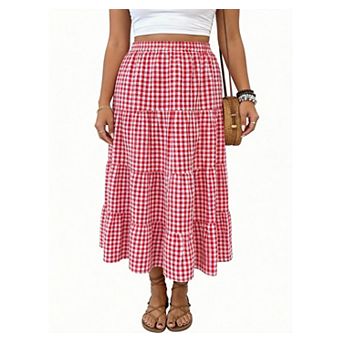 Plus Size Women Layer A Line Flowy Plaid Long Skirt
