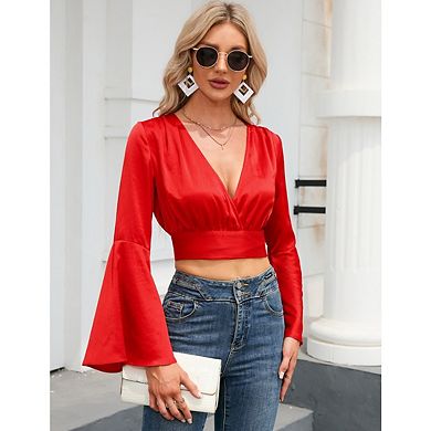 Women's V-Neck Wrap Blouse Long Bell Sleeve Casual Top Tee