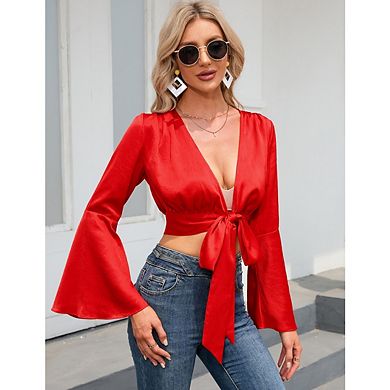 Women's V-Neck Wrap Blouse Long Bell Sleeve Casual Top Tee