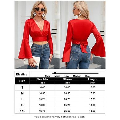 Women's V-Neck Wrap Blouse Long Bell Sleeve Casual Top Tee