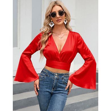 Women's V-Neck Wrap Blouse Long Bell Sleeve Casual Top Tee