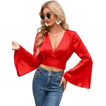 Women's V-Neck Wrap Blouse Long Bell Sleeve Casual Top Tee