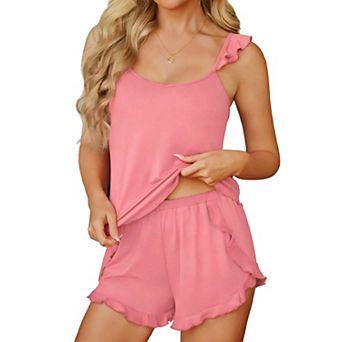 Ekouaer Womens Pajama Sets Ruffle Cami Top and Shorts Two Piece Lounge Set Sleepwear