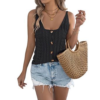 Women's Sleeveless Cable Knit Sweater Vest Soft Button Front Cardigan Tank Tops