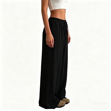 Women's Pleated High Waist Wide Leg Pants Drawstring Tie Front Flowy Casual Culottes Trousers