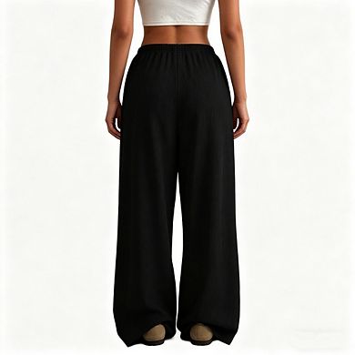 Women's Pleated High Waist Wide Leg Pants Drawstring Tie Front Flowy Casual Culottes Trousers