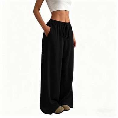 Women's Pleated High Waist Wide Leg Pants Drawstring Tie Front Flowy Casual Culottes Trousers