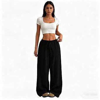 Women's Pleated High Waist Wide Leg Pants Drawstring Tie Front Flowy Casual Culottes Trousers
