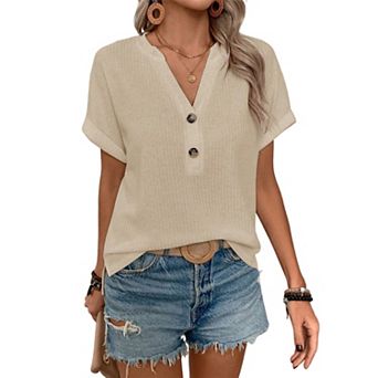 Womens Knit Tops V Neck Cap Sleeve Henley Shirts Casual Dressy Spring Summer Trendy Clothes