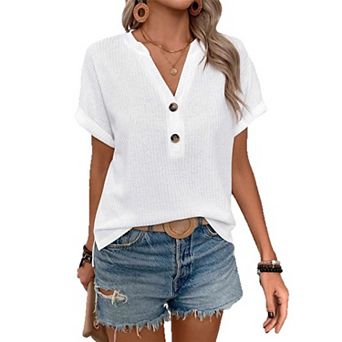 Womens Knit Tops V Neck Cap Sleeve Henley Shirts Casual Dressy Spring Summer Trendy Clothes