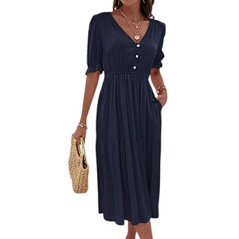 Women's Summer Casual Puff Short Sleeve V Neck Midi Dresses A-line Tiered Solid Color Dress