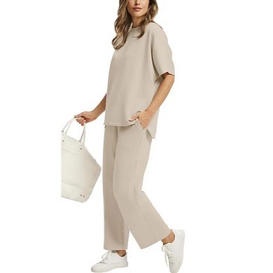 Women's Casual 2 Piece Outfit Short Sleeve Top Drawstring Wide Leg Pants Loungewear Set