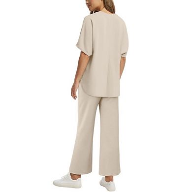 Women's Casual 2 Piece Outfit Short Sleeve Top Drawstring Wide Leg Pants Loungewear Set