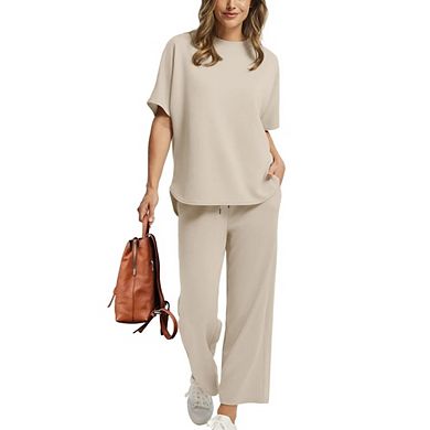 Women's Casual 2 Piece Outfit Short Sleeve Top Drawstring Wide Leg Pants Loungewear Set