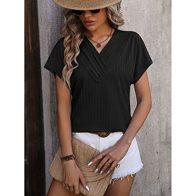 Women's V Neck Short Sleeve Tunic Top Textured Knit Casual Blouse for Summer