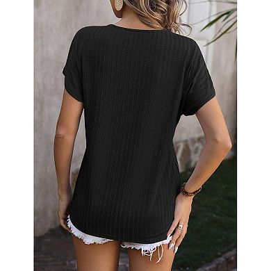Women's V Neck Short Sleeve Tunic Top Textured Knit Casual Blouse for Summer