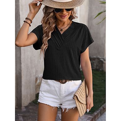 Women's V Neck Short Sleeve Tunic Top Textured Knit Casual Blouse for Summer