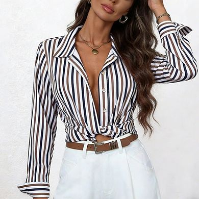 Women's Casual Striped Button Down Shirt Collared Long Sleeve Loose Fit Top