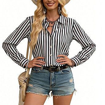 Women's Casual Striped Button Down Shirt Collared Long Sleeve Loose Fit Top
