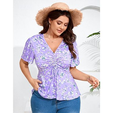 Womens Plus Size Short Sleeve Shirts Casual Pleated Notched V Neck Tee Shirts