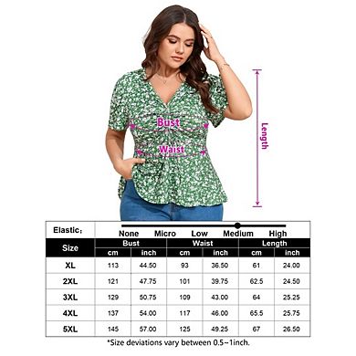 Womens Plus Size Short Sleeve Shirts Casual Pleated Notched V Neck Tee Shirts