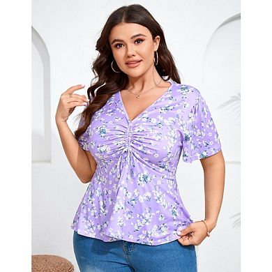 Womens Plus Size Short Sleeve Shirts Casual Pleated Notched V Neck Tee Shirts