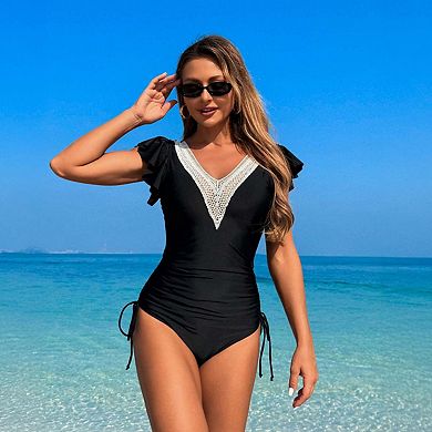 Seoria Women V Neck Lace Trim Ruffle Sleeve Drawstring Side One Piece Swimsuit