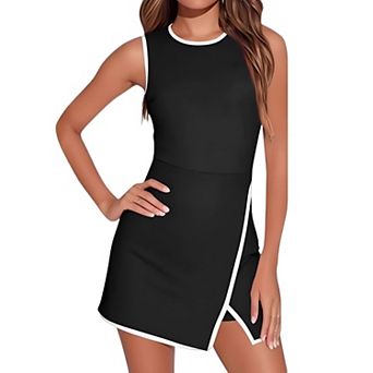 Women's Color Trim Sleeveless Bodycon Dress, Round Neck Wrap Hem Mini Dress