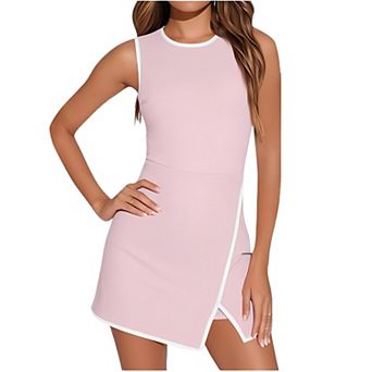 Women's Color Trim Sleeveless Bodycon Dress, Round Neck Wrap Hem Mini Dress