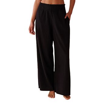 Womens Mid Waist Straight Leg Pants Striped Elastic Flowy Outfits Fashion Casual With Pockets