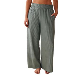 Womens Mid Waist Straight Leg Pants Striped Elastic Flowy Outfits Fashion Casual With Pockets
