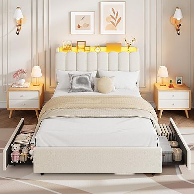 Bed Frame with 2 Drawers, Storage Bed with Wavy Headboard, Upholstered Platform Bed