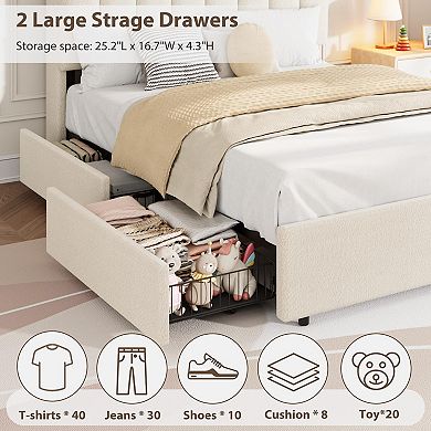 Bed Frame with 2 Drawers, Storage Bed with Wavy Headboard, Upholstered Platform Bed