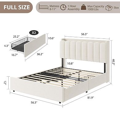 Bed Frame with 2 Drawers, Storage Bed with Wavy Headboard, Upholstered Platform Bed