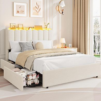 Bed Frame with 2 Drawers, Storage Bed with Wavy Headboard, Upholstered Platform Bed