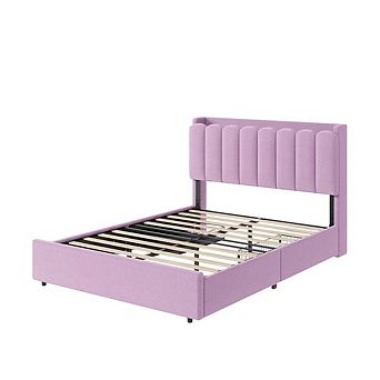 Bed Frame with 2 Drawers, Storage Bed with Wavy Headboard, Upholstered Platform Bed