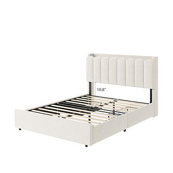 Bed Frame with 2 Drawers, Storage Bed with Wavy Headboard, Upholstered Platform Bed