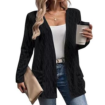 Women's Hollow Out Knit Open-Front Cardigan, Casual Long Sleeve Lightweight Cardigan with Pockets