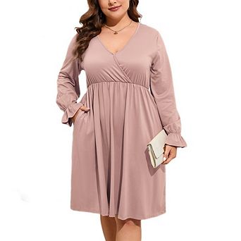 Women's Plus Size V-Neck Long Sleeve Swing Dress Soft Causal Empire Waist Dress with Pockets