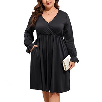 Women's Plus Size V-Neck Long Sleeve Swing Dress Soft Causal Empire Waist Dress with Pockets
