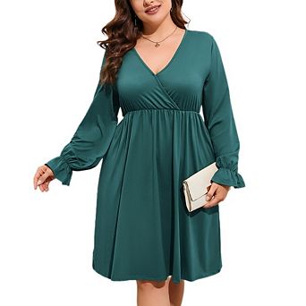 Women's Plus Size V-Neck Long Sleeve Swing Dress Soft Causal Empire Waist Dress with Pockets