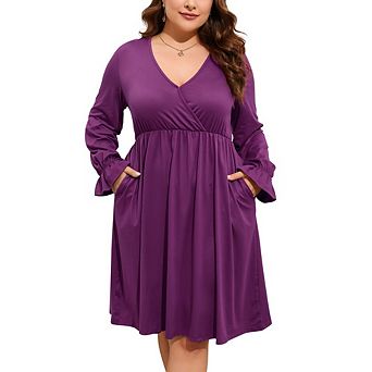 Women's Plus Size V-Neck Long Sleeve Swing Dress Soft Causal Empire Waist Dress with Pockets