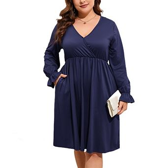 Women's Plus Size V-Neck Long Sleeve Swing Dress Soft Causal Empire Waist Dress with Pockets