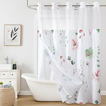 Flower Shower Curtain with Snap-in Liner, No Hook, Waterproof, Mesh Window