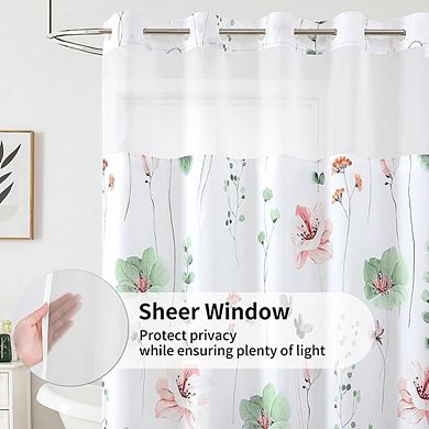 Flower Shower Curtain with Snap-in Liner, No Hook, Waterproof, Mesh Window