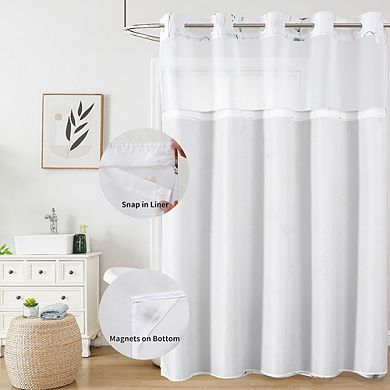 Flower Shower Curtain with Snap-in Liner, No Hook, Waterproof, Mesh Window