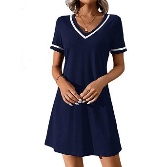 Women's V Neck T Shirt Knit Dress Short Sleeve Tunic Color Block Dresses Casual Trendy Outfits