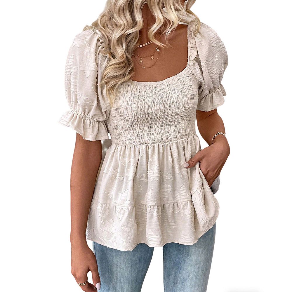 Women's Smocked Square Neck Peplum Top, Puff Sleeve Ruffle Tiered ...