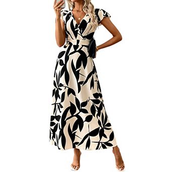 Women's V-Neck Floral Maxi Dress, Cap Sleeve A-Line Flowy Casual Long Dress